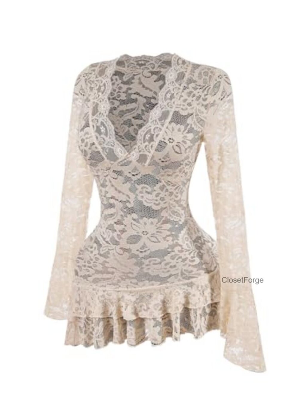 Women's Y2K Lace Sheer Long Sleeve Mini Dress Fit & Flare